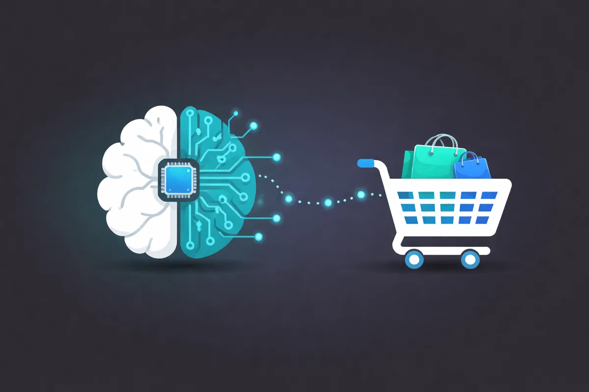Ilustração do ChatGPT aplicado ao eCommerce atacadista: um cérebro metade circuito de IA com um chip, ligado por pontos de luz a um carrinho de compras com sacolas