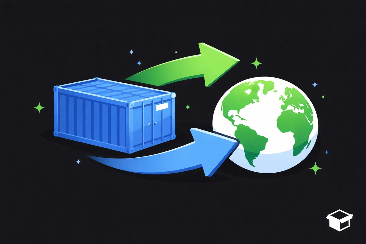 Ilustração de comércio exterior atacadista: um contêiner de carga azul com setas de importação e exportação ao redor do planeta