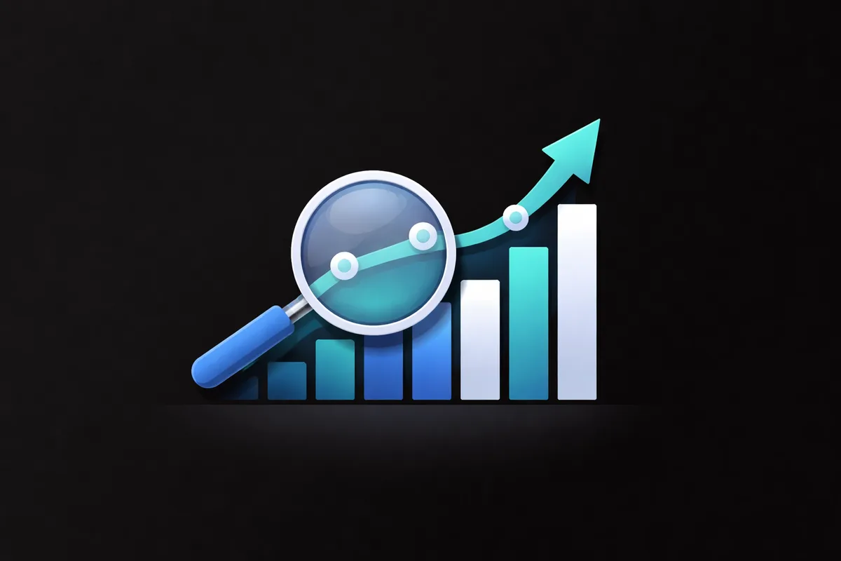 Ilustração das tendências do eCommerce atacadista B2B: lupa sobre um gráfico de barras em crescimento com uma seta ascendente