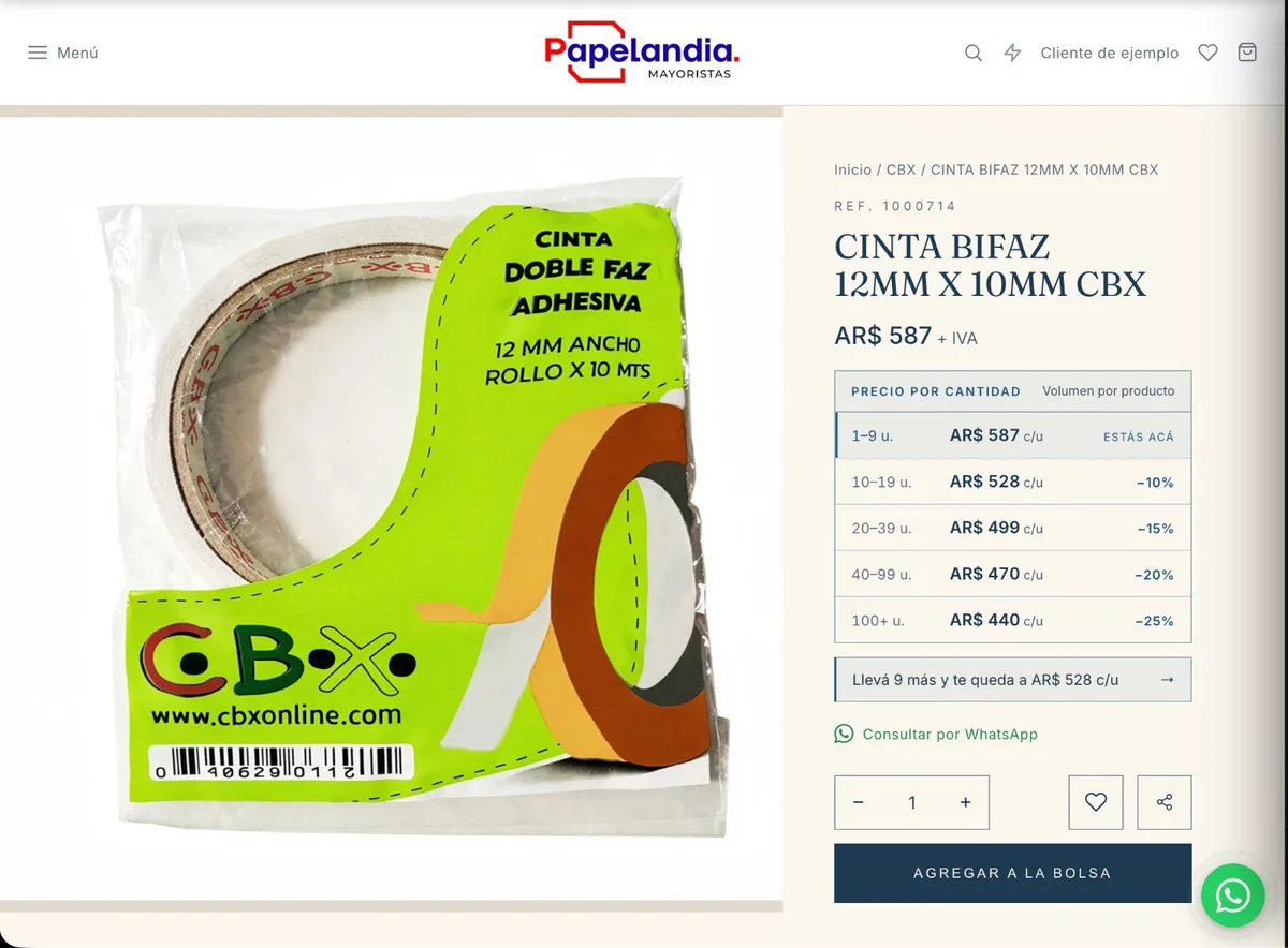 Captura de uma loja atacadista: página de produto com tabela de preço por quantidade, faixas de 10 a 25 por cento de desconto e aviso da próxima faixa