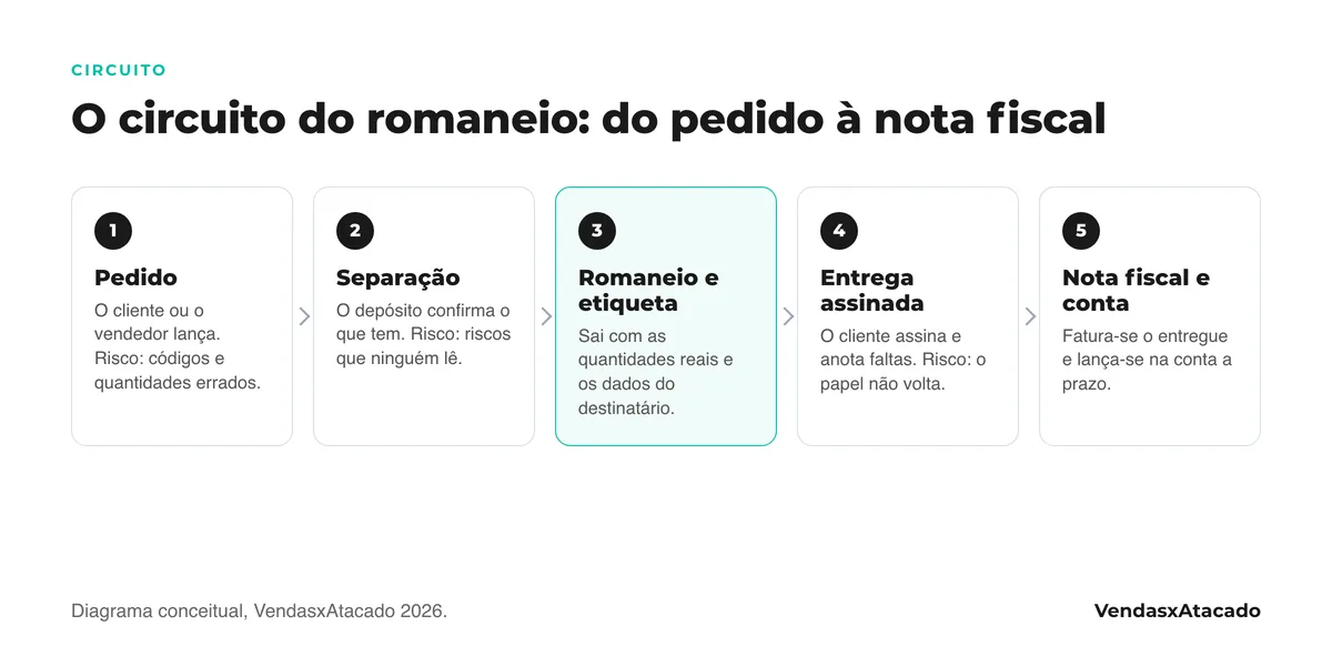 Diagrama do circuito do romaneio numa distribuidora atacadista: pedido, separação no depósito, romaneio e etiqueta, entrega assinada, nota fiscal e conta a prazo