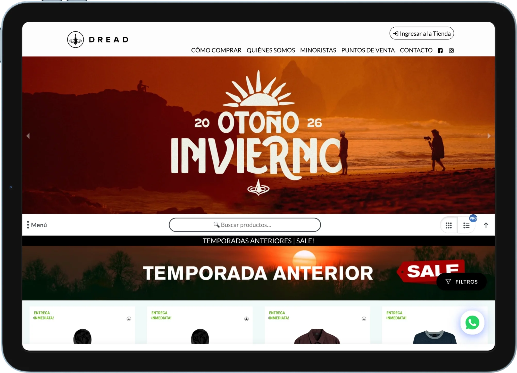 Loja atacadista B2B da marca DREAD criada com VendasxAtacado, vista em tablet — catálogo online de vestuário com coleção Outono Inverno, busca de produtos e entrega imediata para clientes atacadistas