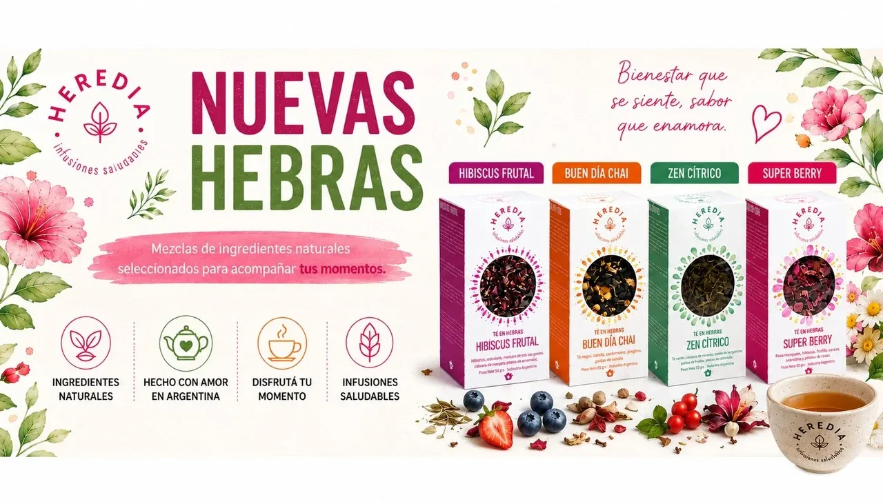 Banner de novas ervas da Heredia Infusiones — chás Hibiscus, Chai, Zen Cítrico e Super Berry, atacadista de infusões saudáveis que vende no atacado com sua loja B2B VendasxAtacado
