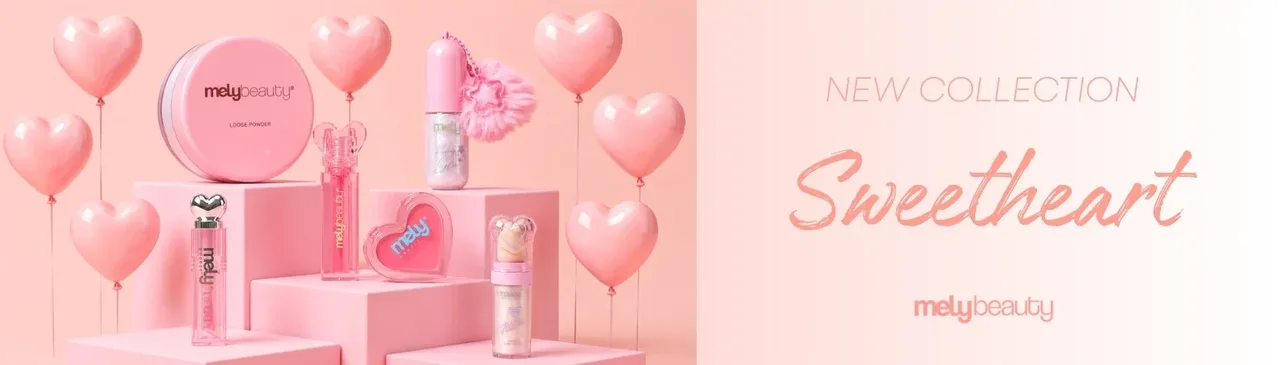 Banner da coleção Sweetheart da Mely Beauty — cosméticos e maquiagem no atacado, atacadista de beleza que vende online com sua loja B2B VendasxAtacado