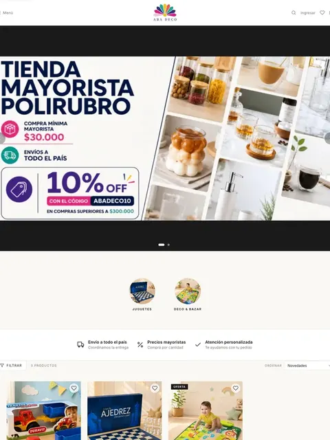 Loja atacadista multicategoria Aba Deco criada com VendasxAtacado — banner de pedido mínimo, descontos por volume e envio para todo o país