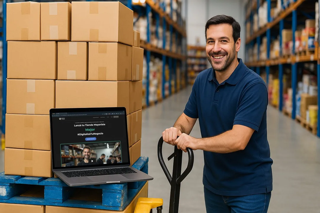 Dono de um negócio atacadista sorrindo no depósito ao lado de um pallet de caixas, com sua loja B2B da VendasxAtacado aberta no laptop