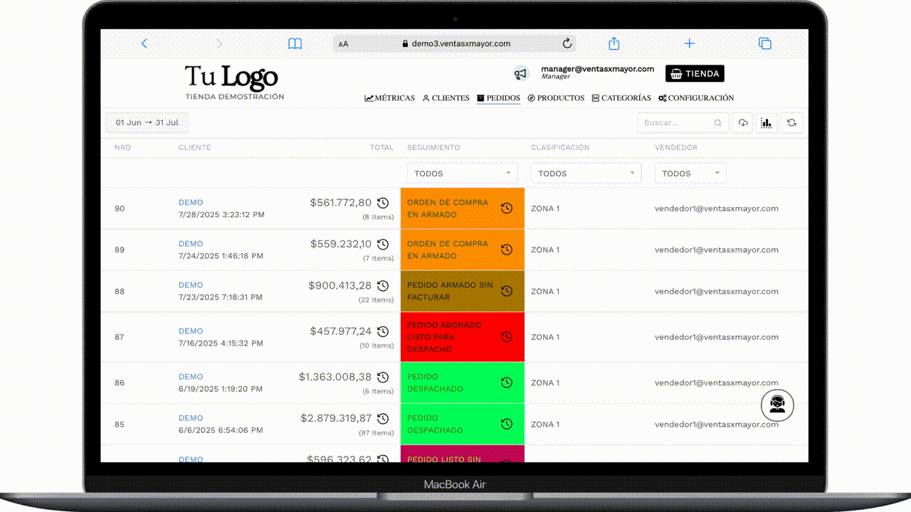 Painel de administração de pedidos atacadistas no VendasxAtacado
