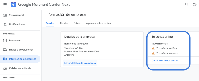 Verificar dominio en Google Merchant Center