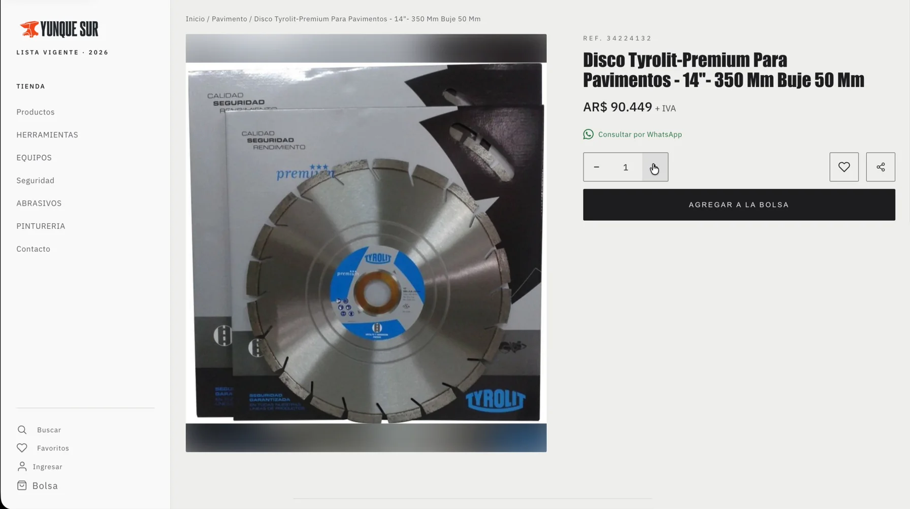 Página de produto atacadista do disco diamantado Tyrolit de 14 polegadas: referência, preço AR$ 90.449 mais IVA, seletor de quantidade e botão Adicionar à sacola