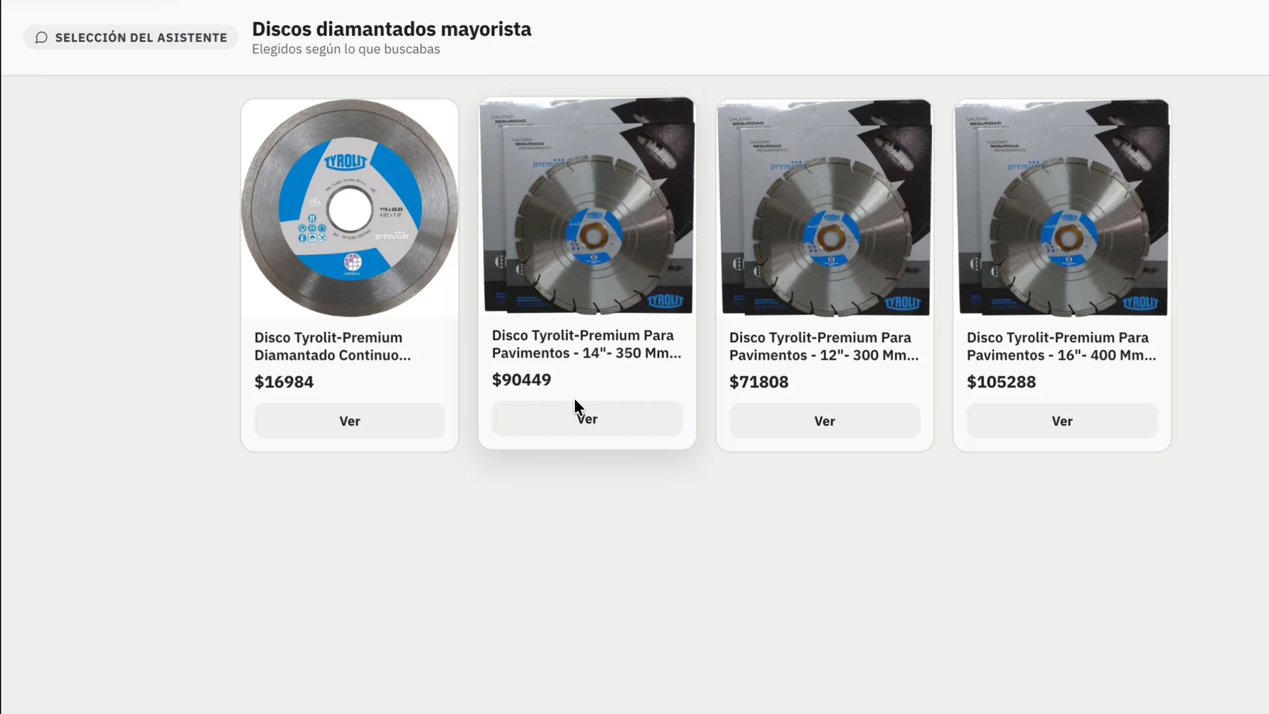 O Vendedor IA da VendasxAtacado abriu dentro da loja atacadista uma seleção de quatro discos diamantados Tyrolit com seu preço, montada a partir do pedido do cliente