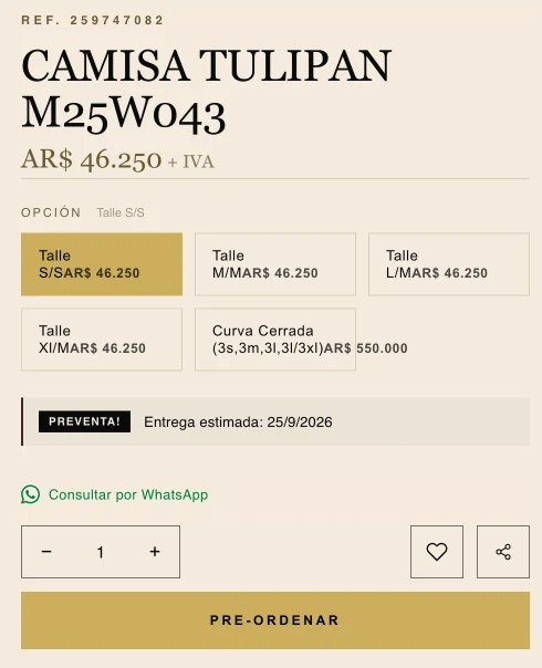 Página de uma camisa importada em pré-venda dentro de uma loja atacadista de vestuário: preço atacado mais IVA, preço por tamanho, grade fechada de 3P, 3M, 3G e 3GG, data de entrega estimada e botão Pré-encomendar