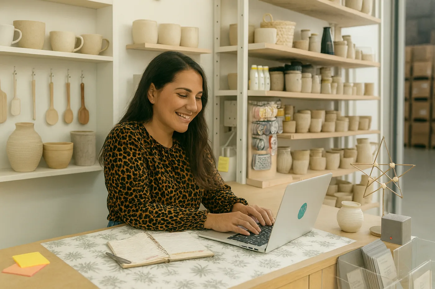 Comerciante conferindo no notebook o e-mail de um fornecedor atacadista B2B enviado de um endereço com domínio próprio