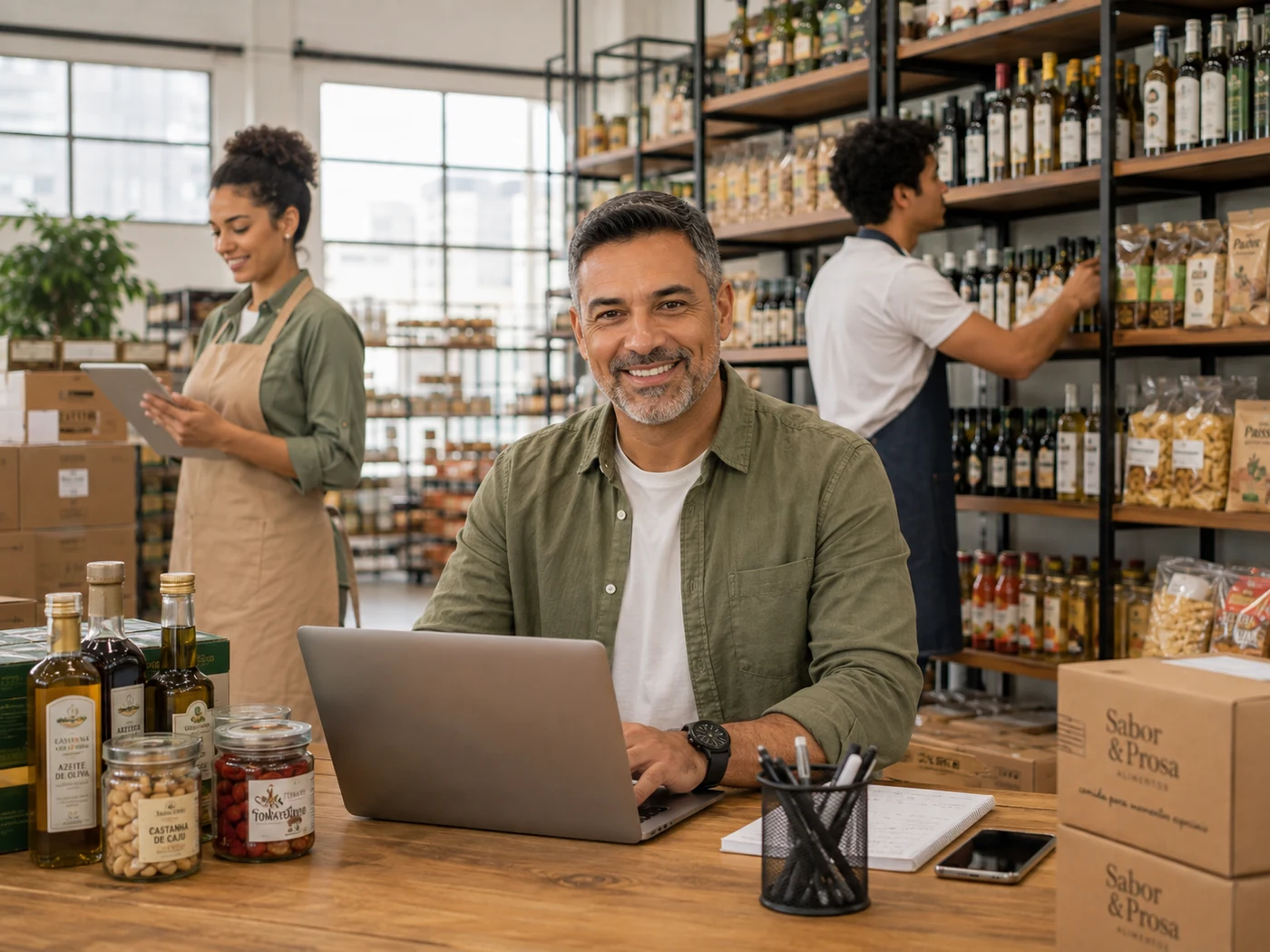 Equipe de uma distribuidora de alimentos e bebidas trabalhando com notebook e tablet no depósito