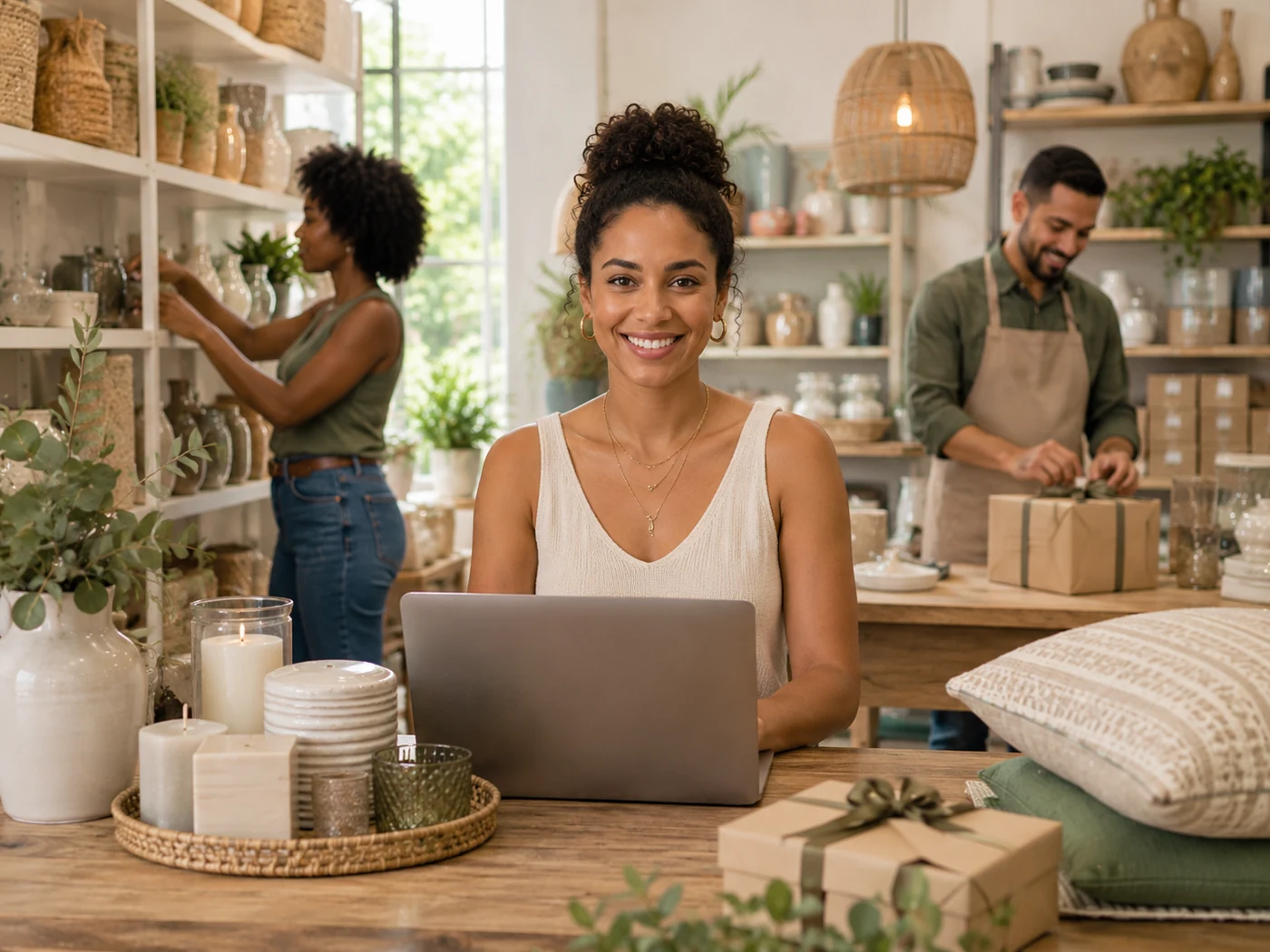 Equipe de uma distribuidora de bazar e decoração trabalhando com notebook e tablet no showroom