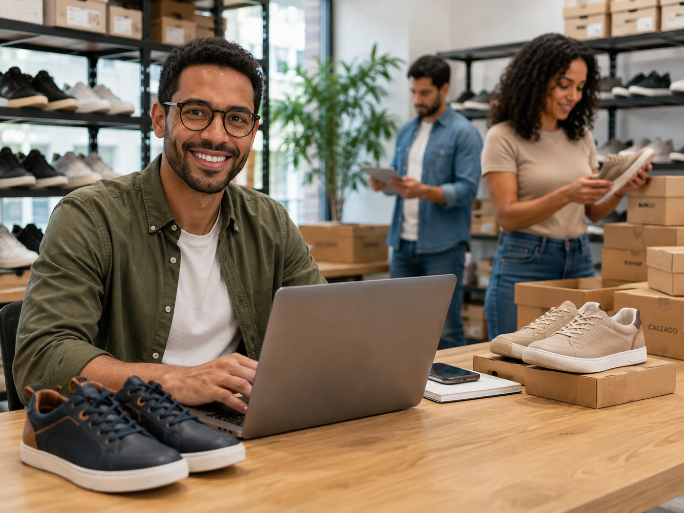 Equipe de uma distribuidora de calçados trabalhando com notebook e tablet entre caixas de sapatos