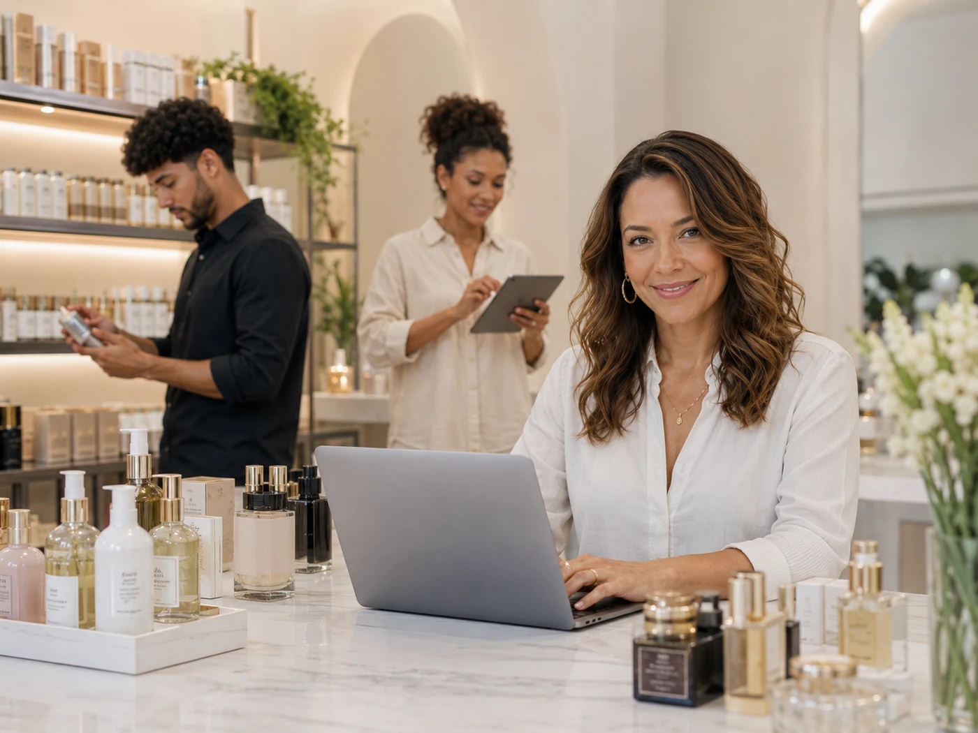 Equipe de uma distribuidora de cosméticos trabalhando com notebook e tablet no showroom