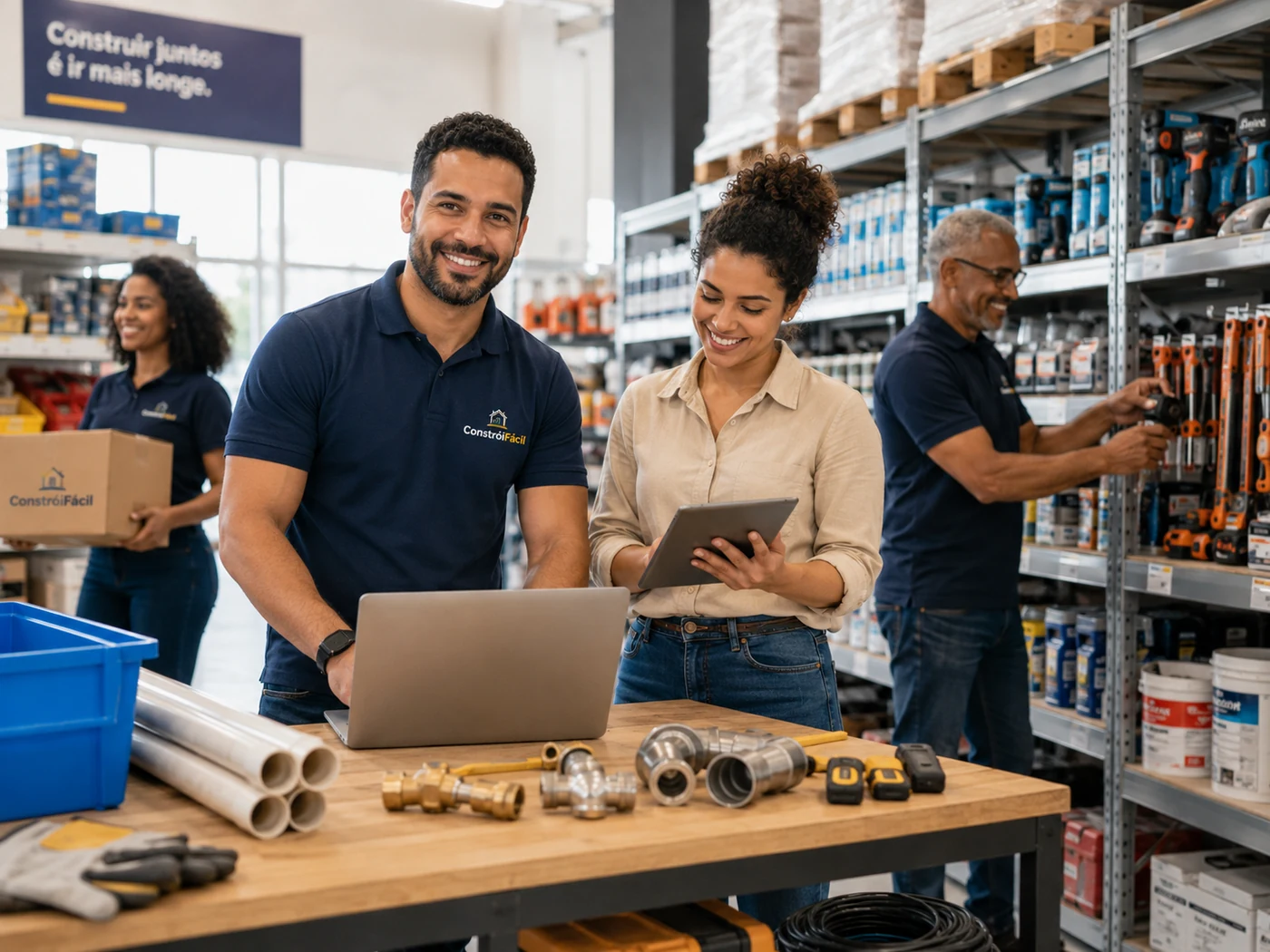 Equipe de uma distribuidora de ferragens trabalhando com notebook e tablet entre prateleiras