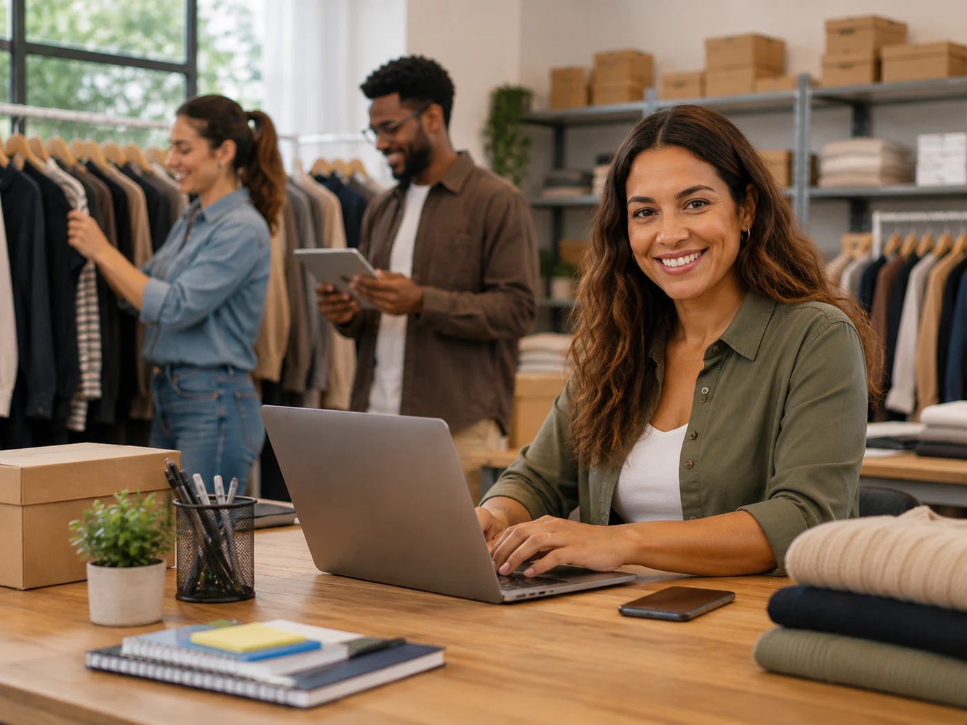 Equipe de um atacadista B2B trabalhando com notebooks e pedidos no depósito, cada um com seu próprio acesso à loja