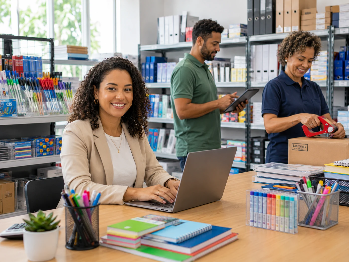 Equipe de uma distribuidora de papelaria trabalhando com notebook e tablet entre prateleiras