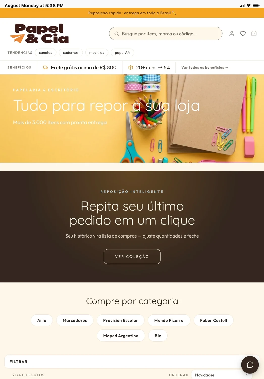 A mesma loja atacadista de papelaria em um tablet
