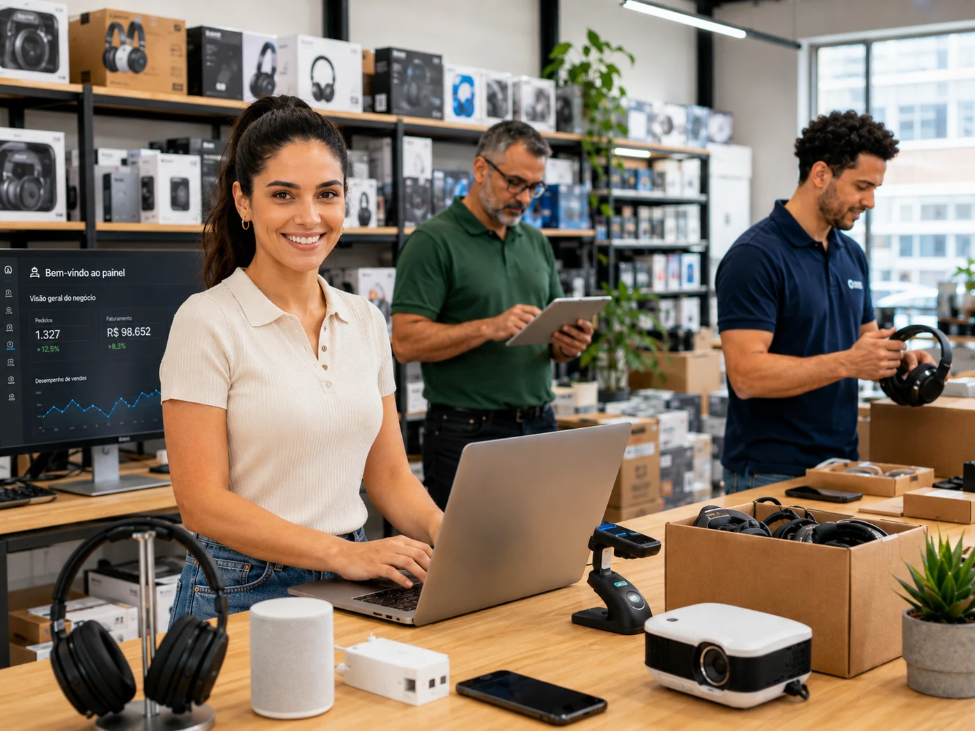 Equipe de uma distribuidora de tecnologia trabalhando com notebook e tablet no depósito
