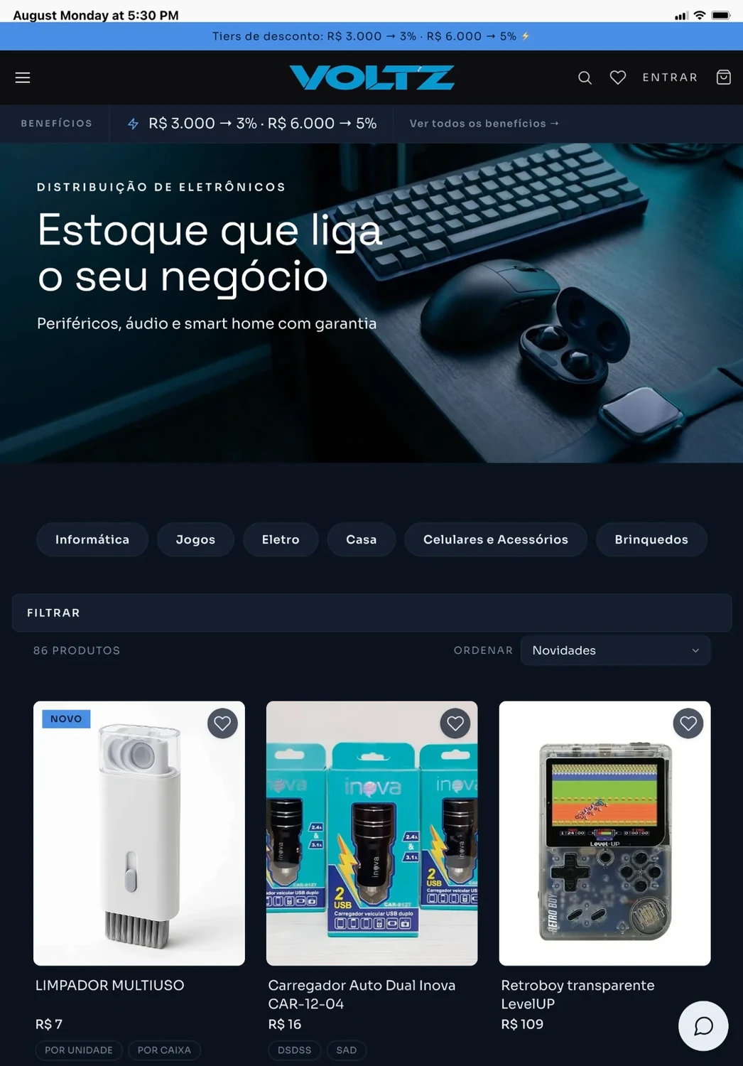 A mesma loja atacadista de tecnologia em um tablet