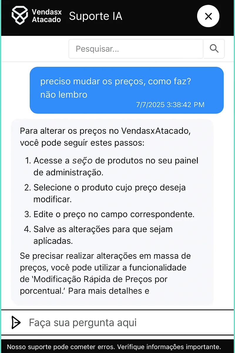 Suporte técnico com IA e assistência personalizada para atacadistas