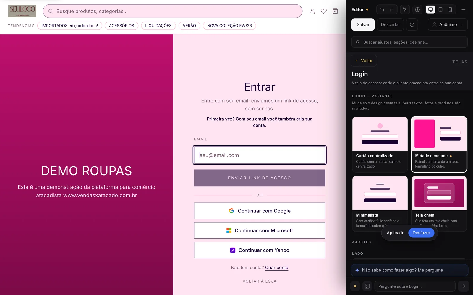 Editor ao vivo da VendasxAtacado — loja atacadista real à esquerda e painel de edição à direita: variantes de design com prévia, mudança aplicada com desfazer e assistente de IA integrado