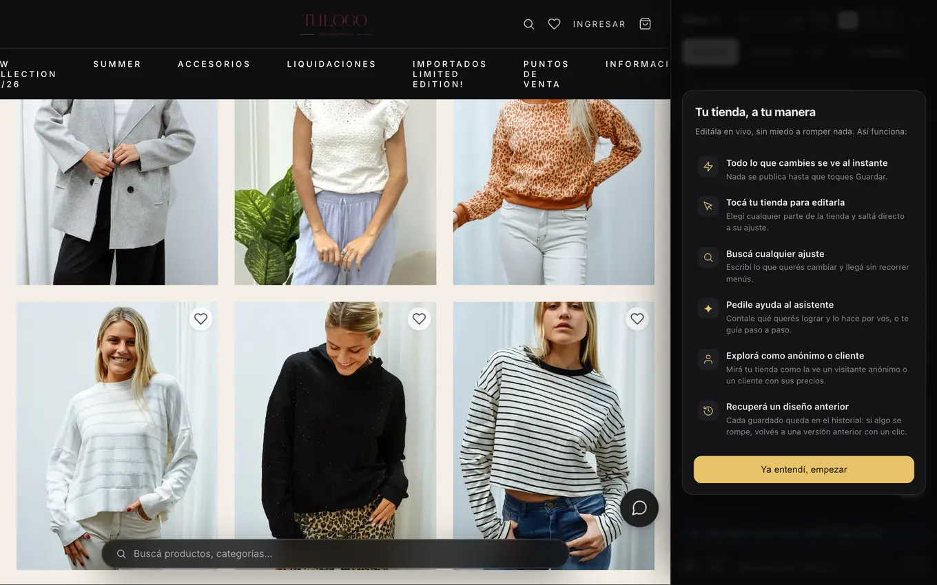 Editor de lojas da VendasxAtacado aberto sobre uma loja atacadista, com o painel de design à direita e o catálogo com preços por cliente à esquerda