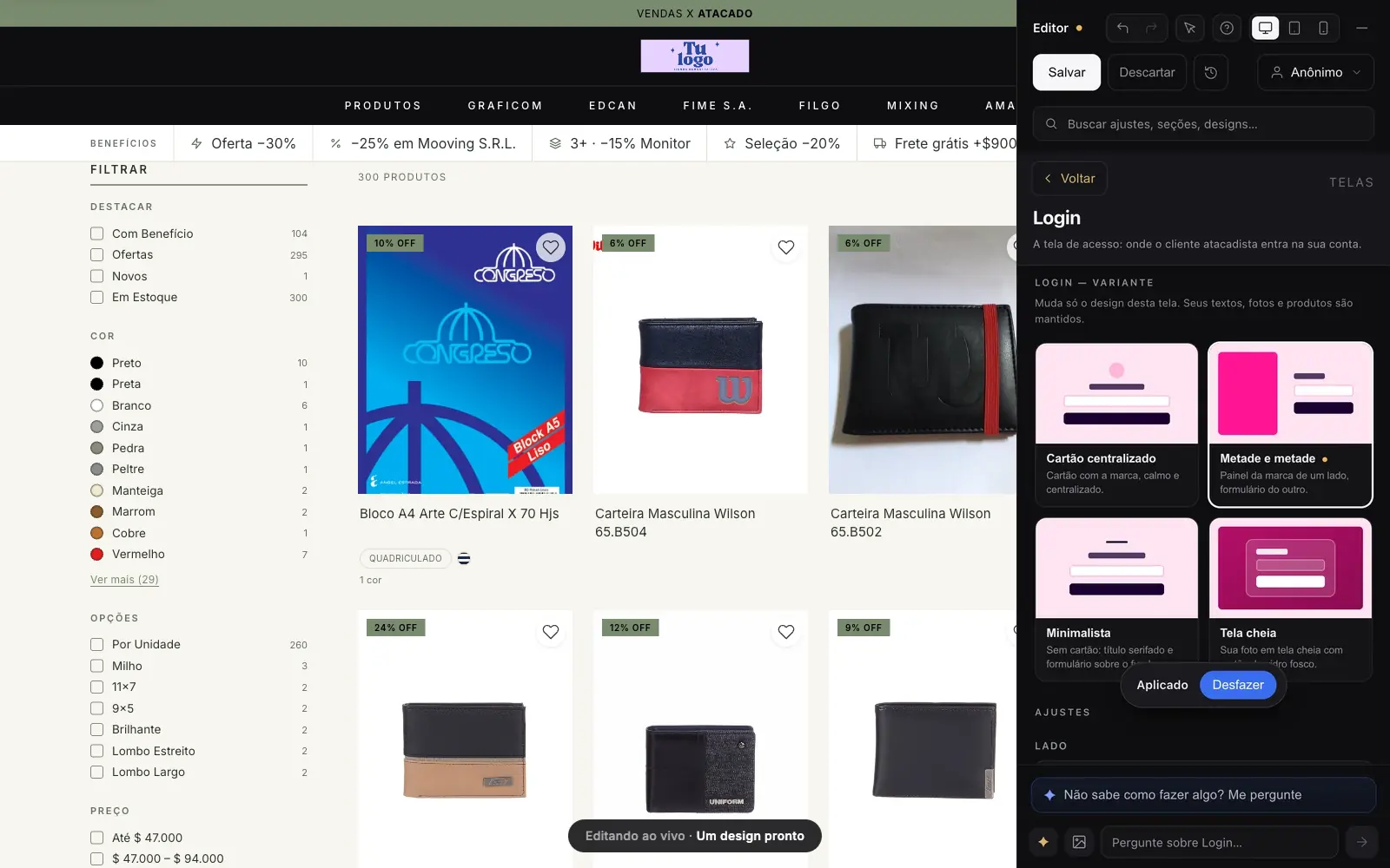 Painel da VendasxAtacado editando ao vivo uma loja atacadista de papelaria: catálogo B2B com filtros, preços por cliente e design com a marca do negócio