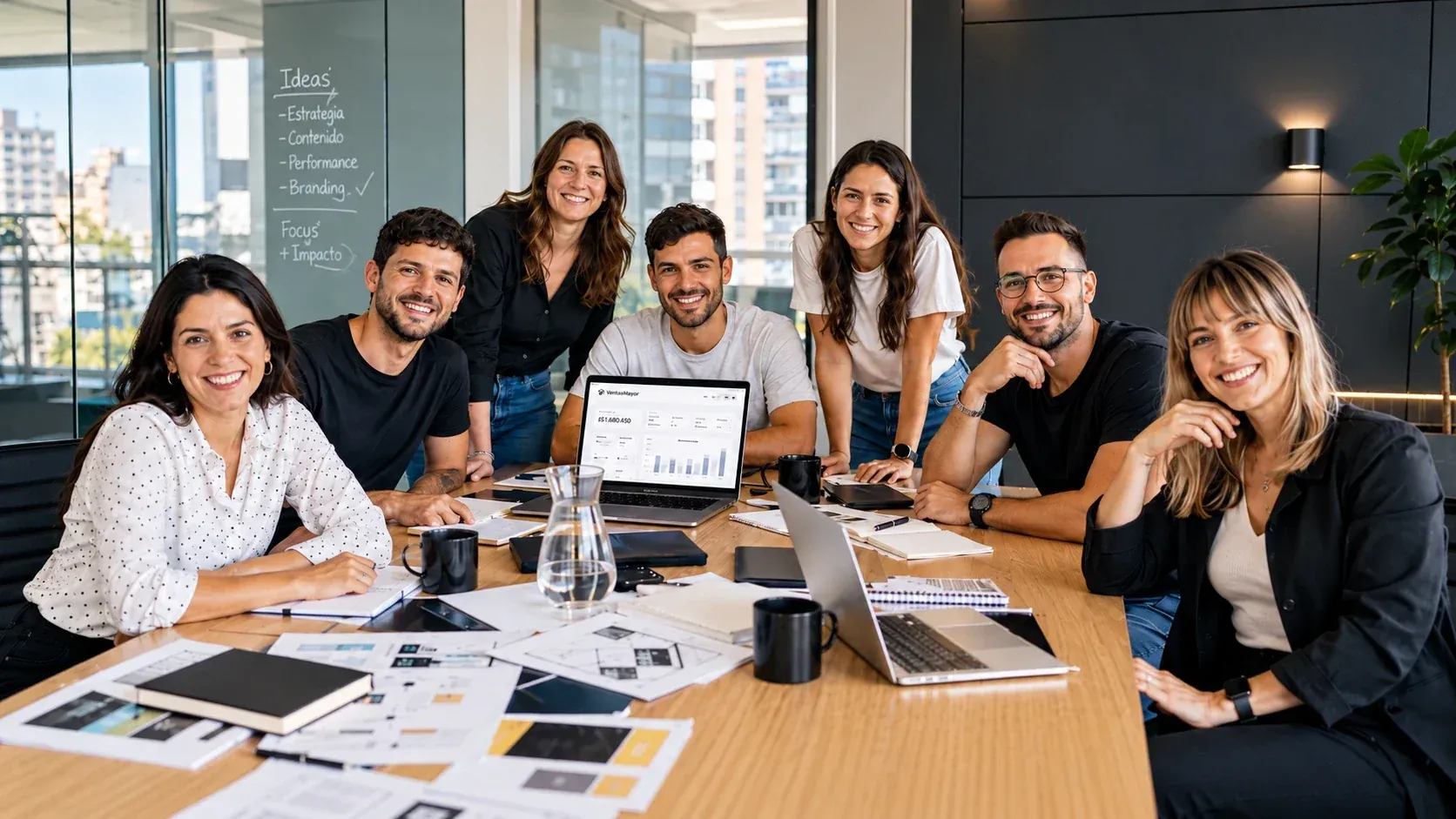 Equipe de uma agência parceira da VendasxAtacado em volta da mesa de reunião, com o notebook aberto no painel de vendas de uma loja atacadista B2B