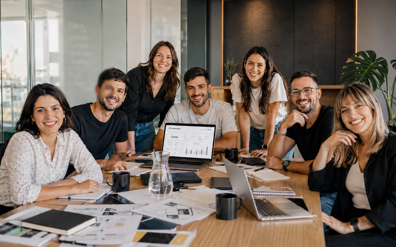 Equipe de uma agência parceira da VendasxAtacado reunida em volta da mesa, com o painel de uma loja atacadista B2B aberto no notebook