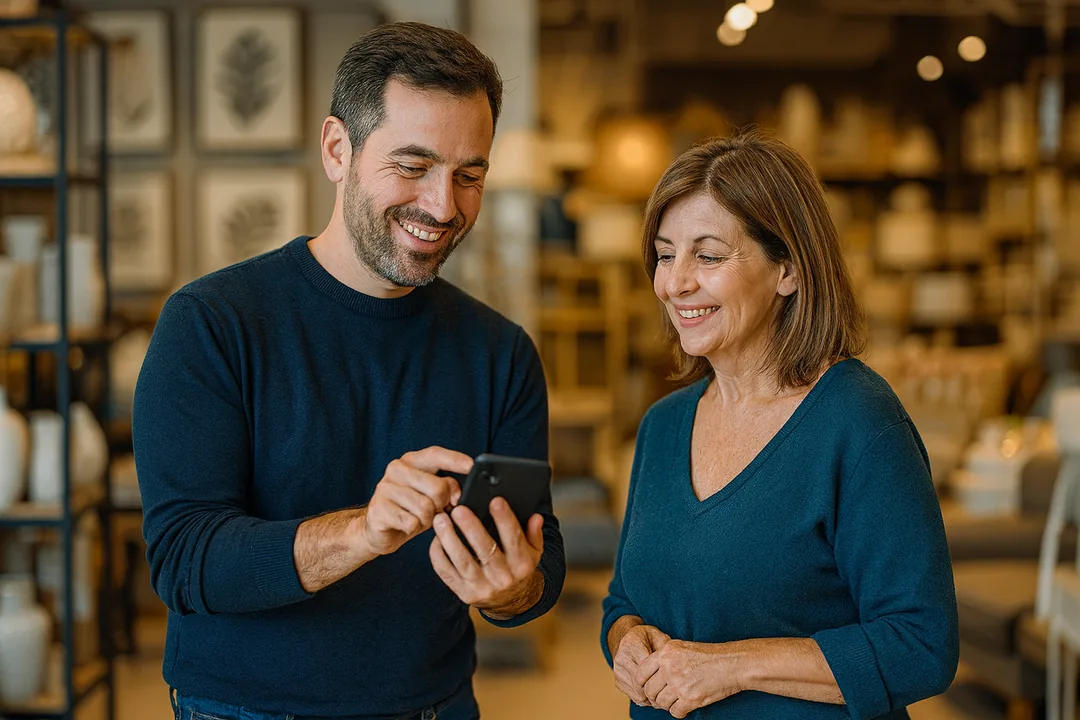 Comprador atacadista e vendedor conferindo juntos o acesso sem senhas à loja B2B pelo celular